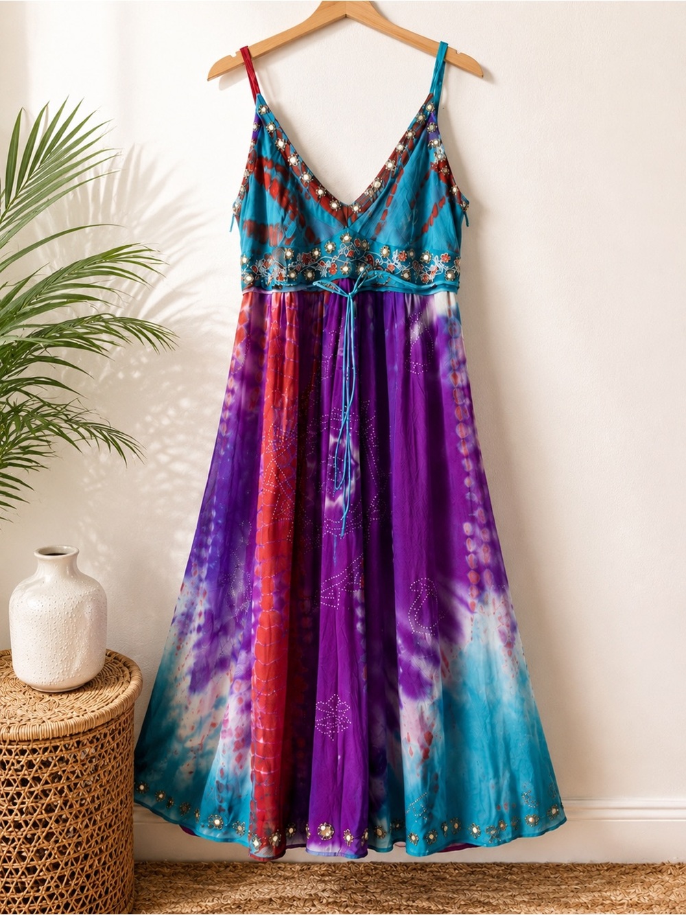Whistler London Y2K Beaded Tie Dye Boho Midi Dress | Lined Festival Resort